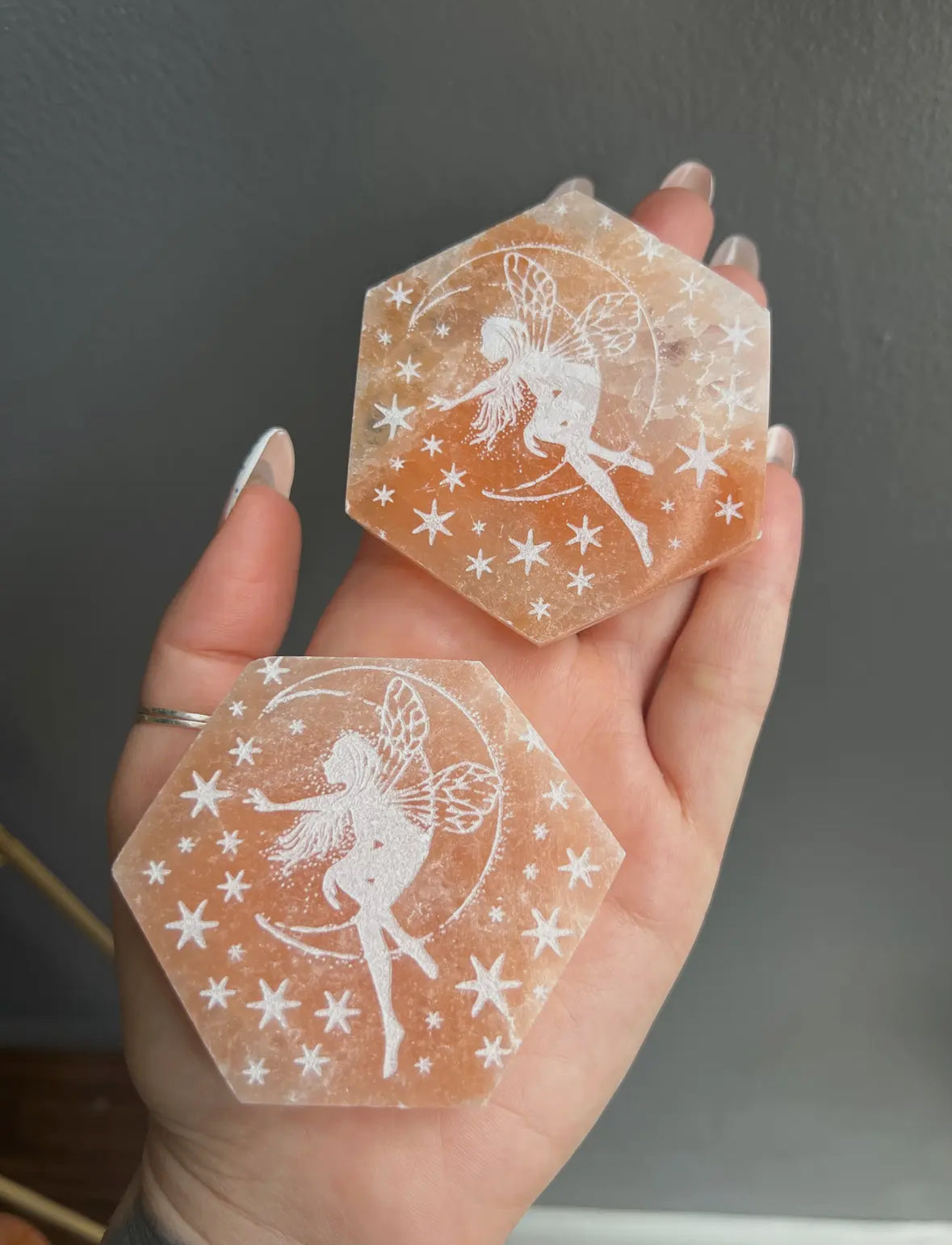 Peach Selenite Etched Fairy Crystal